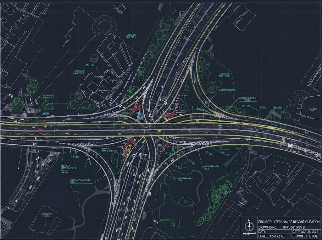 Technical CAD blueprint of the same highway interchange